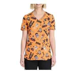 Scrubstar Halloween Fright Friends Women's V-Neck Print Scrub Top Size 3XL